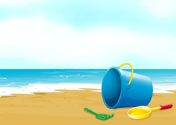 A bucket, fork and shovel at the beach — Stock Vector