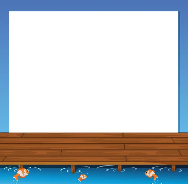 An empty paper template with a wooden bridge and fishes at the b — Stock Vector