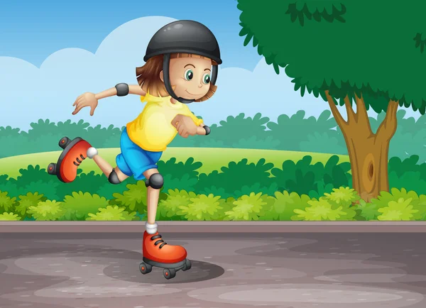 A young girl rollerskating at the street — Stock Vector