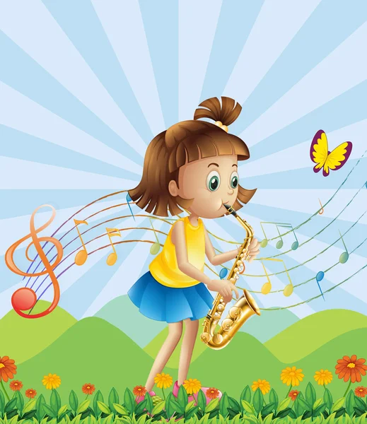 A young lady at the hilltop playing with her saxophone — Stock Vector