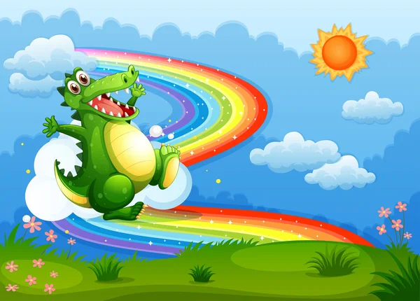 A rainbow in the sky with a green crocodile — Stock Vector