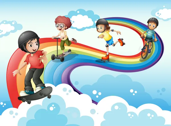 Kinderen aan het spelen met de regenboog hemel — Stockvector