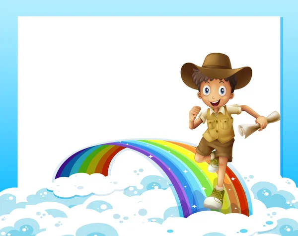 An empty template and a boy running over the rainbow with a scro — Stock Vector