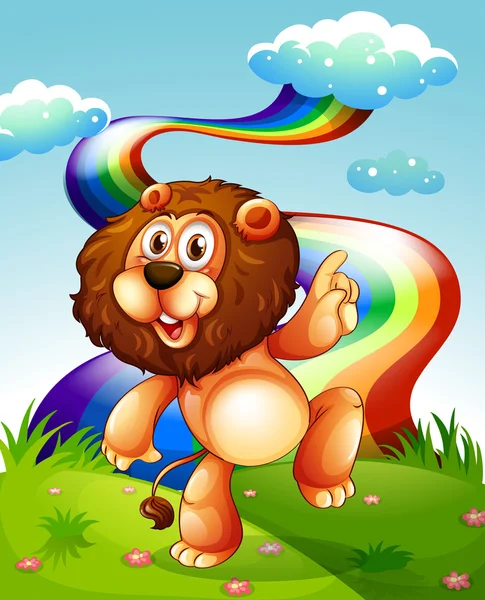 Ein verspielter Löwe auf der Bergkuppe und der Regenbogen am Himmel — Stockvektor