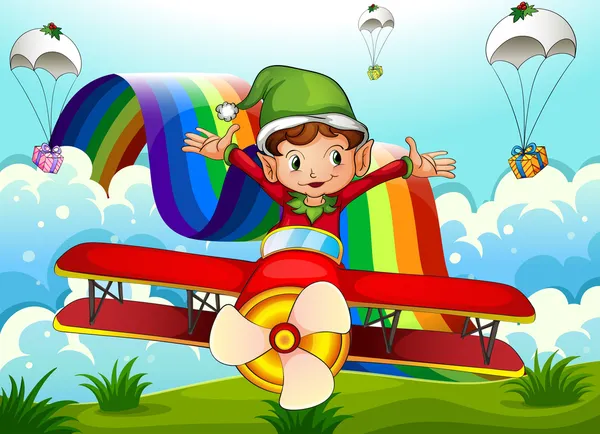 Un plano con un elfo y un arco iris en el cielo con paracaídas — Vector de stock