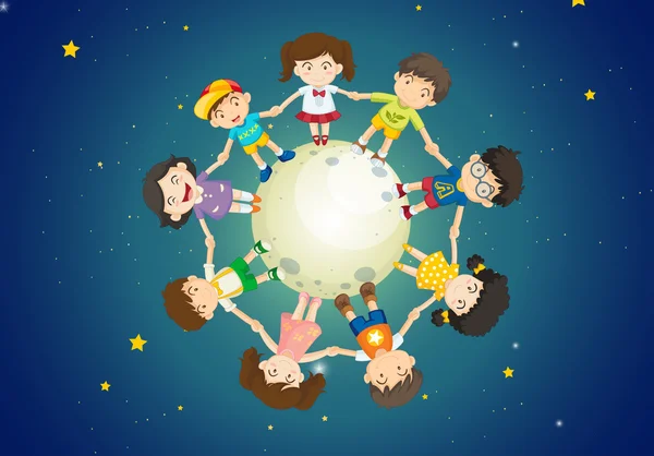 Kids holding their hands together while standing above the Earth — Stock Vector