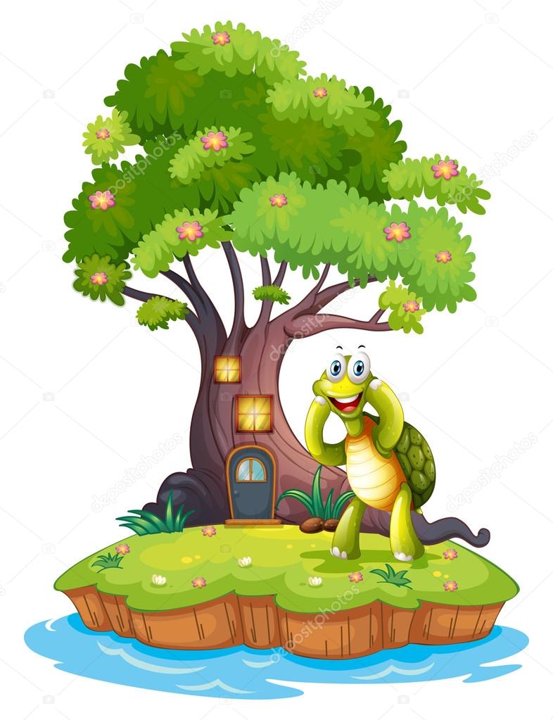 An island with a big tree and a turtle