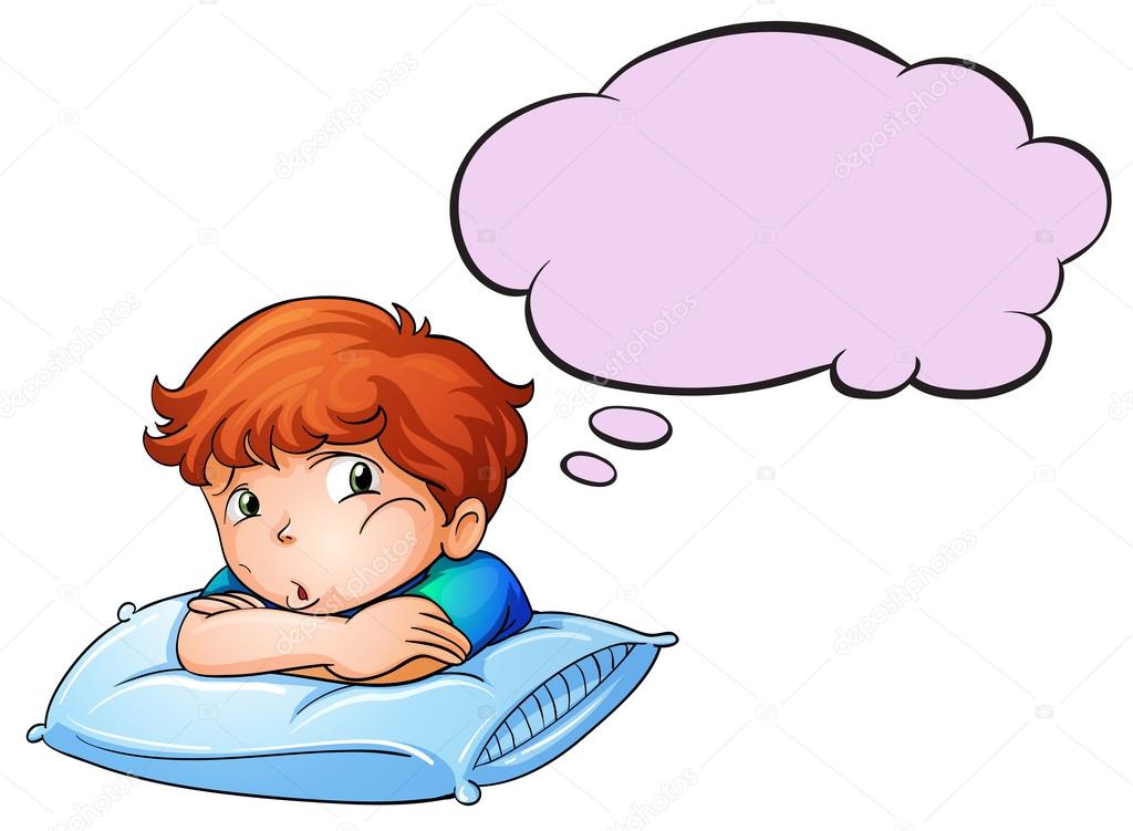 A young boy leaning over the pillow with an empty callout