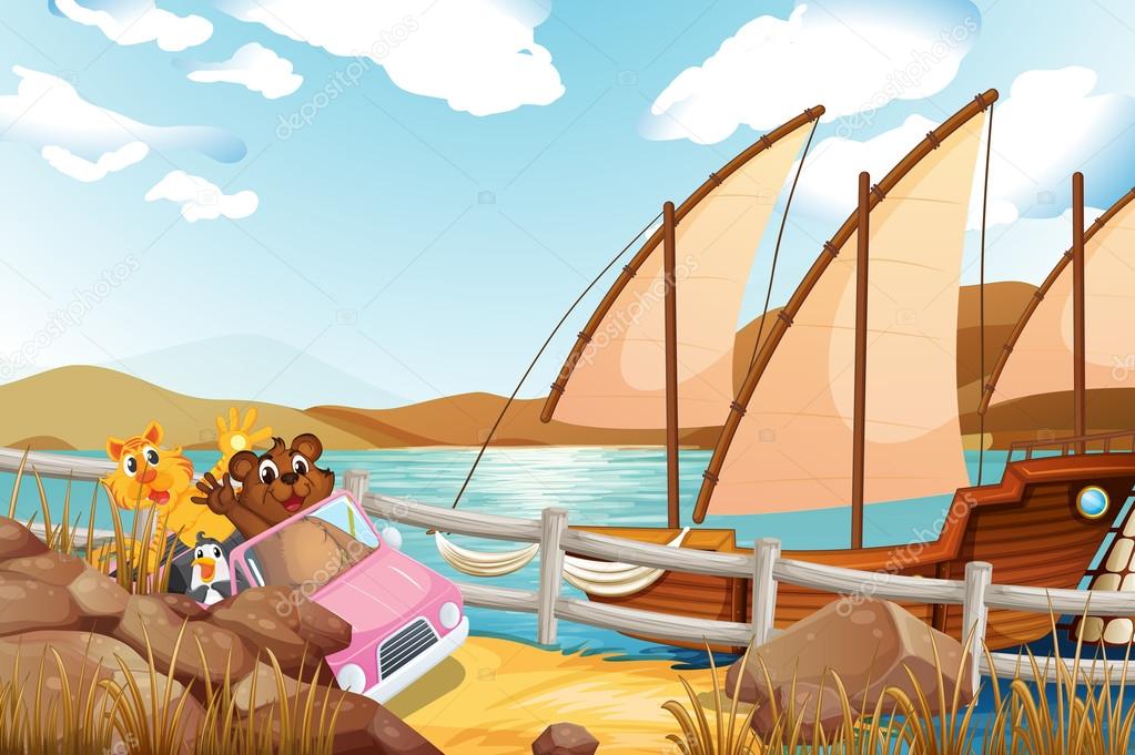 A pink car with animals at the riverbank with a ship