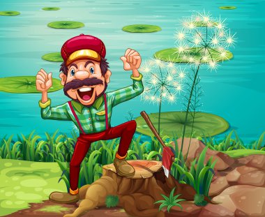 A happy lumberjack stepping on a stump at the riverbank clipart