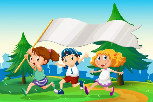 Trois enfants courent avec une bannière vide — Image vectorielle