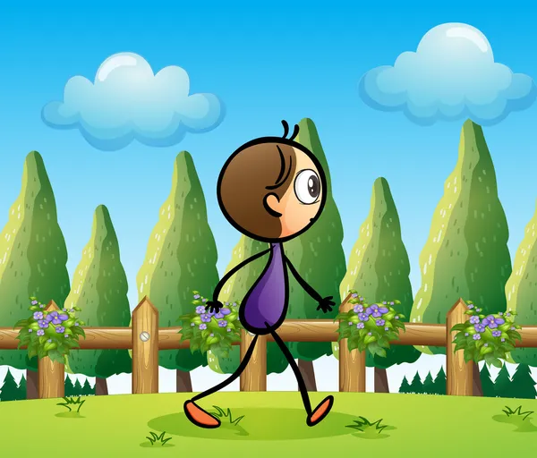 Un stickman caminando por los pinos — Vector de stock