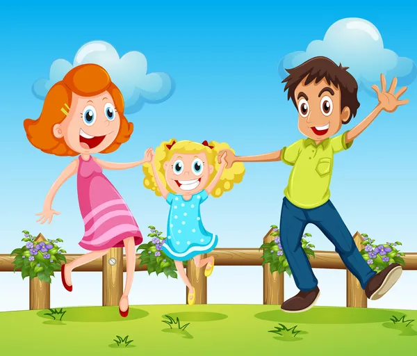 A happy family above the hills with a fence — Stock Vector