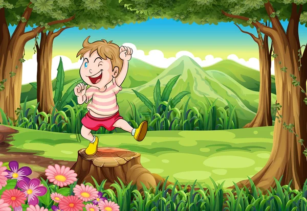 一个顽皮的小男孩，在森林站以上树桩上 — 图库矢量图片