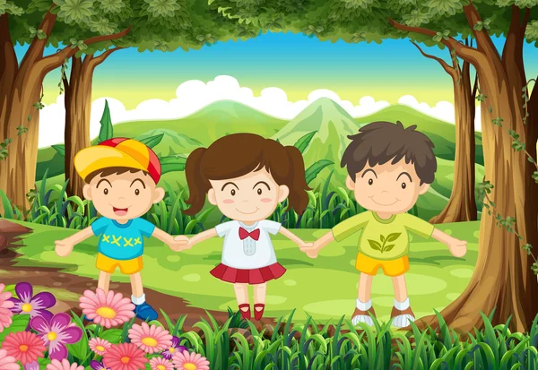 Three kids at the forest — Stock Vector