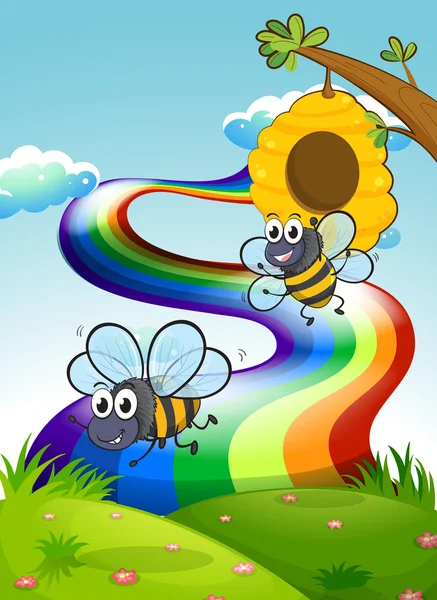 Zwei Bienen auf dem Gipfel und ein Regenbogen am Himmel — Stockvektor