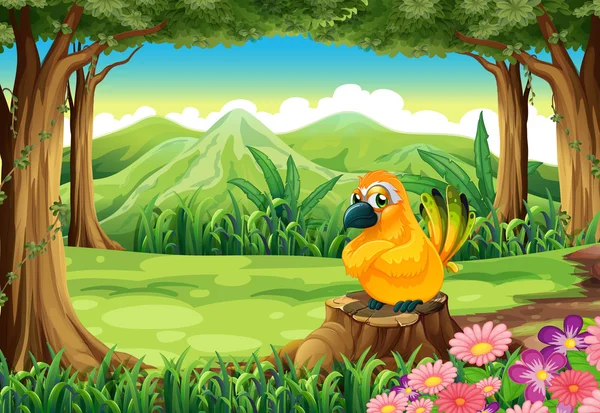 Orman, güdük üzerinde turuncu bir kuş — Stok Vektör