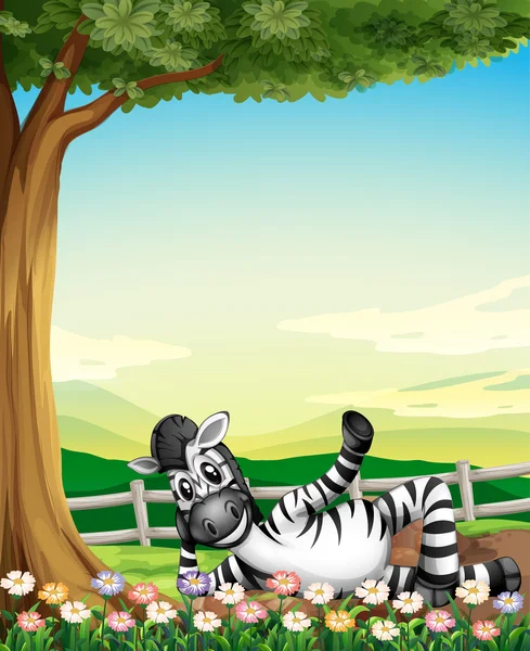En smilende zebra under træet nær blomsterne – Stock-vektor