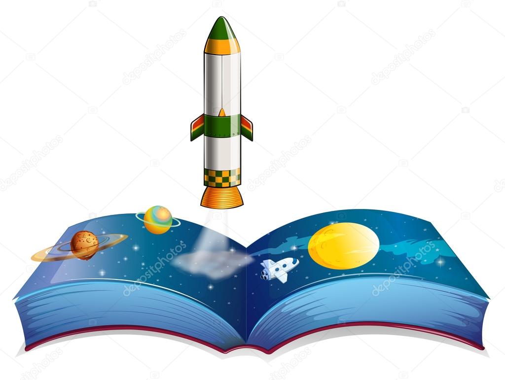 A book with planets and a rocket