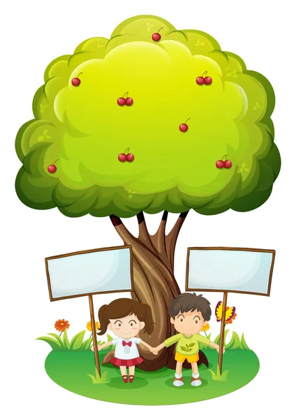 Kinderen onder de boom met lege uithangborden — Stockvector