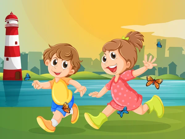 两个可爱的孩子们跑着蝴蝶 — 图库矢量图片