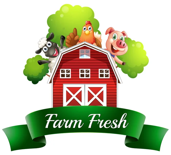 Um rótulo novo de fazenda com uma casa de fazenda e animais de fazenda — Vetor de Stock