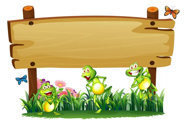 Una tabla de madera vacía en el jardín con ranas juguetonas — Vector de stock