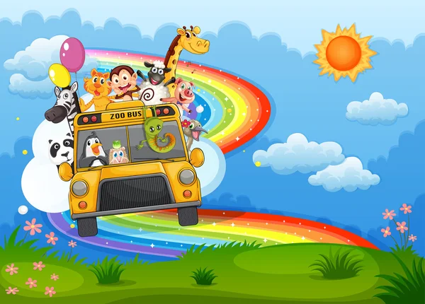 A zoo bus at the hilltop with a rainbow in the sky — Stock Vector