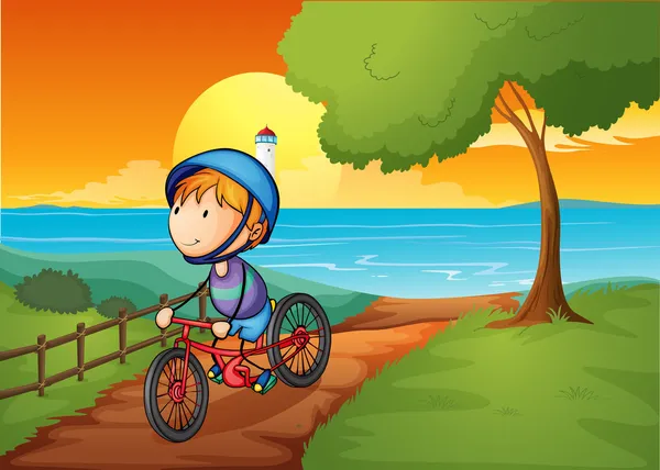 一个年轻的男孩在河的附近骑自行车 — 图库矢量图片