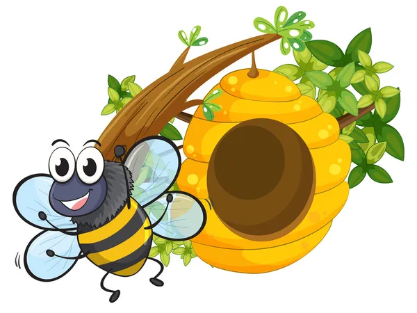 Büyük bir arı kovanı yakınındaki gülümseyen bir arı — Stok Vektör