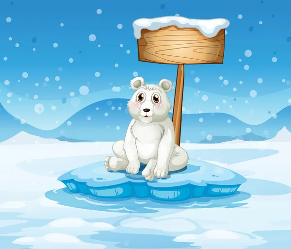 Um urso polar sentado sob a placa de madeira vazia — Vetor de Stock