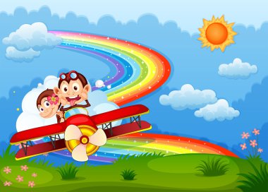 een vliegtuig met twee opschepperig apen en een regenboog aan de hemel