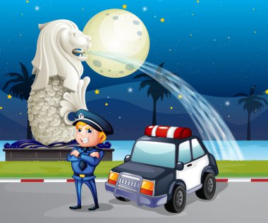 bir polis ve devriye arabasını merlion heykeli yakın: