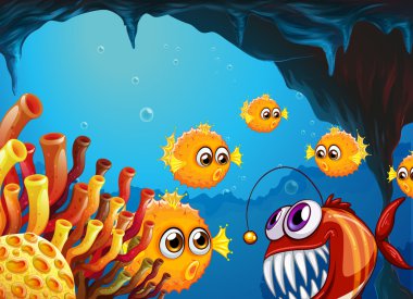 A group of puffer fishes and a scary piranha inside the cave clipart
