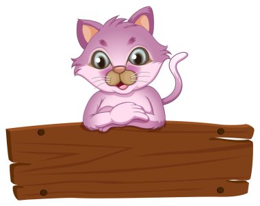 boş ahşap tabela eğilerek bir sevimli kedi