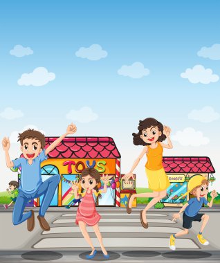 trafiğe kapalı bir yol, mutlu bir aile