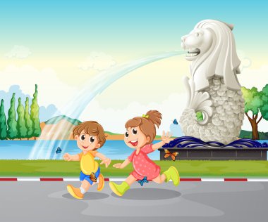 merlion heykeli oynayan iki çocukları