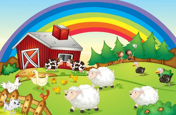 Een boerderij met veel dieren en een regenboog aan de hemel — Stockvector