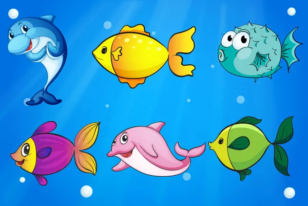Six différents poissons sous la mer — Stok Vektör
