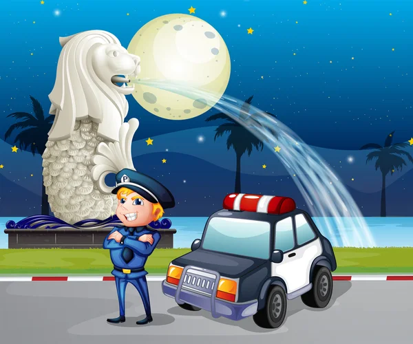 警官とマーライオンの像の近くの彼のパトカー — ストックベクタ