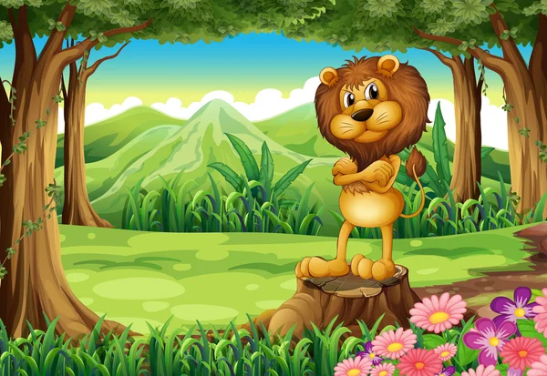 Ένα λιοντάρι θυμωμένος που στέκεται πάνω από το κούτσουρο στο δάσος — Διανυσματικό Αρχείο