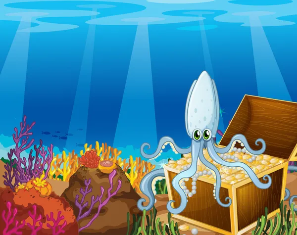 Eine Schatzkiste unter dem Meer mit einem Oktopus — Stockvektor