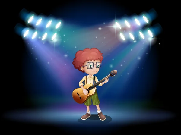 A talented teenager in the middle of the stage with a guitar — Stock Vector