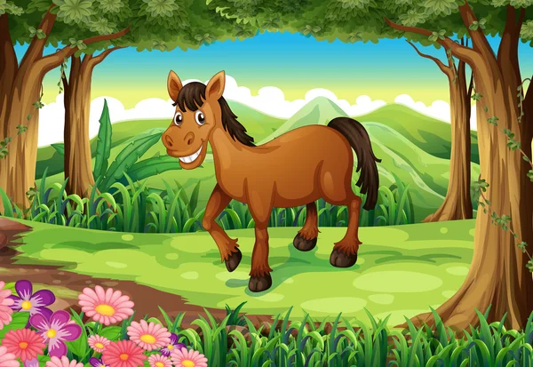 Улыбающаяся коричневая лошадь в лесу — стоковый вектор