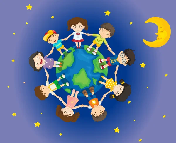 Enfants heureux entourant la Terre — Image vectorielle