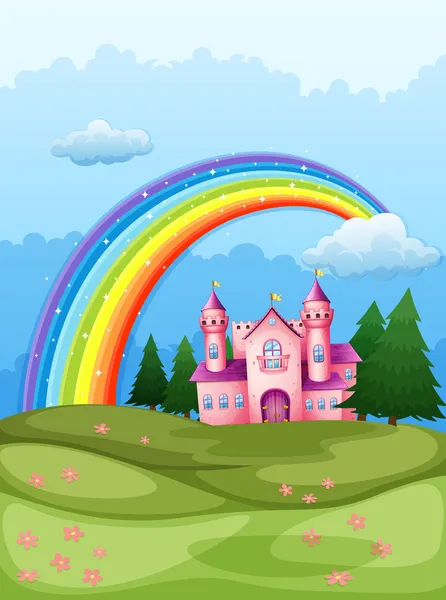Eine Burg auf einem Hügel mit einem Regenbogen am Himmel — Stockvektor