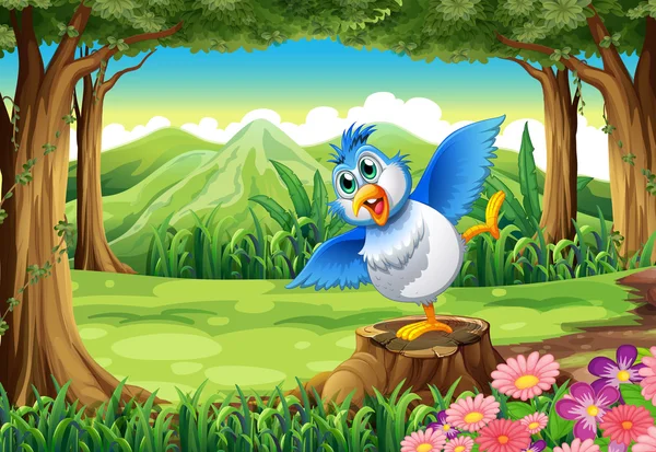 Un oiseau bleu au-dessus de la souche à la forêt — Image vectorielle