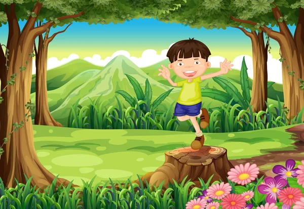 Orman, güdük yukarıda oynak bir çocuk — Stok Vektör