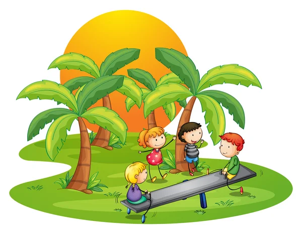 Bambini che giocano altalena vicino agli alberi di cocco — Vettoriale Stock