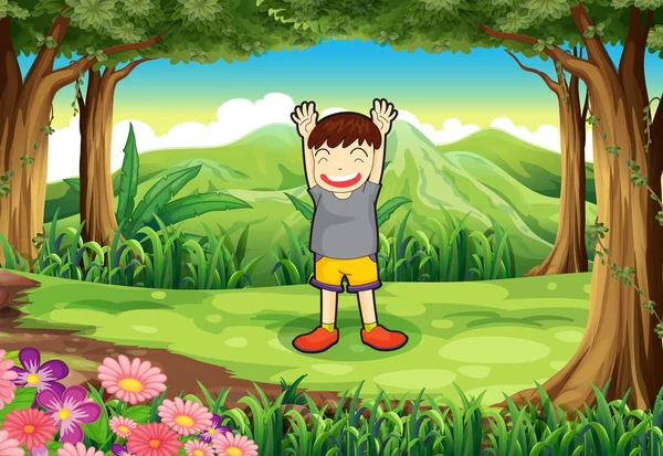 Un enfant ludique au milieu de la forêt — Image vectorielle